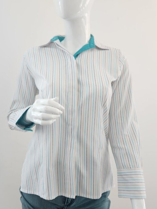 Executive Uniform Tops - Executive Uniforms Striped Button Down Blouse Shirt XS Teal Blue Tan White